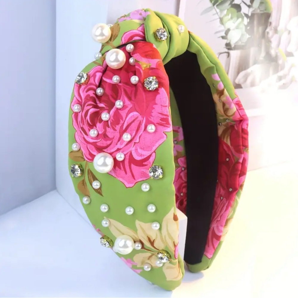Princess Floral Green and Pink Headband with Pearls